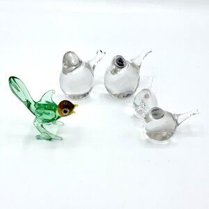 Murano Style Glass Bird Colorless & Green Clear Figurine Vintage Small Lot Of 5